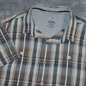 KUHL Men's Medium Tapered Fit Linen Blend Plaid Blue Short Sleeve
